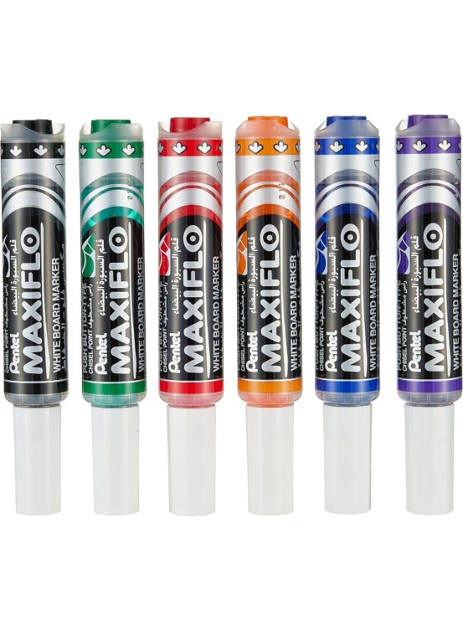 Pentel Maxiflo Medium Chisel Tip White Board Marker 6-Pieces, Multicolour - Image 1