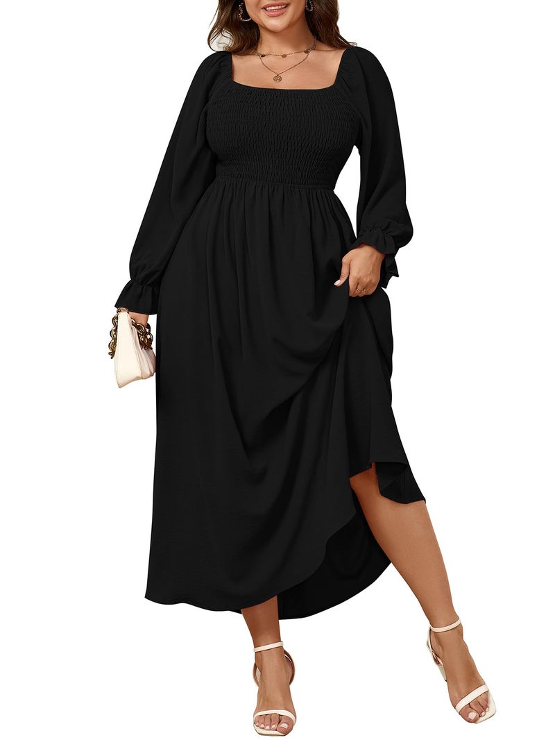 SHESTARR Women's Plus Size Maxi Dress Long Sleeve Square Neck Smocked Flowy A-Line Boho Wedding Party Maxi Dress Black - Image 1