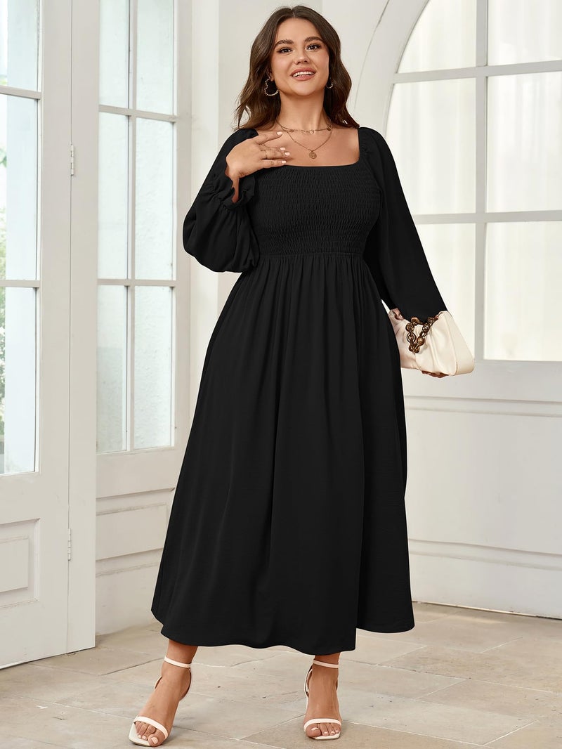 SHESTARR Women's Plus Size Maxi Dress Long Sleeve Square Neck Smocked Flowy A-Line Boho Wedding Party Maxi Dress Black - Image 5