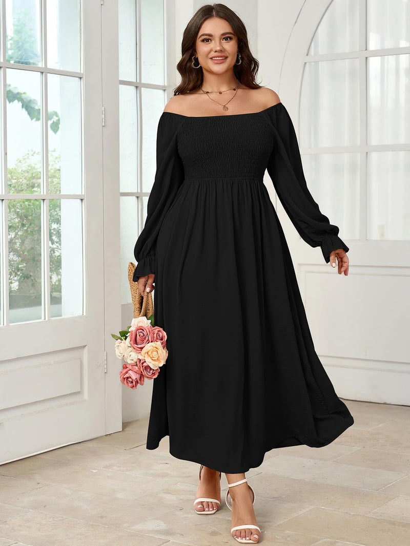 SHESTARR Women's Plus Size Maxi Dress Long Sleeve Square Neck Smocked Flowy A-Line Boho Wedding Party Maxi Dress Black - Image 3