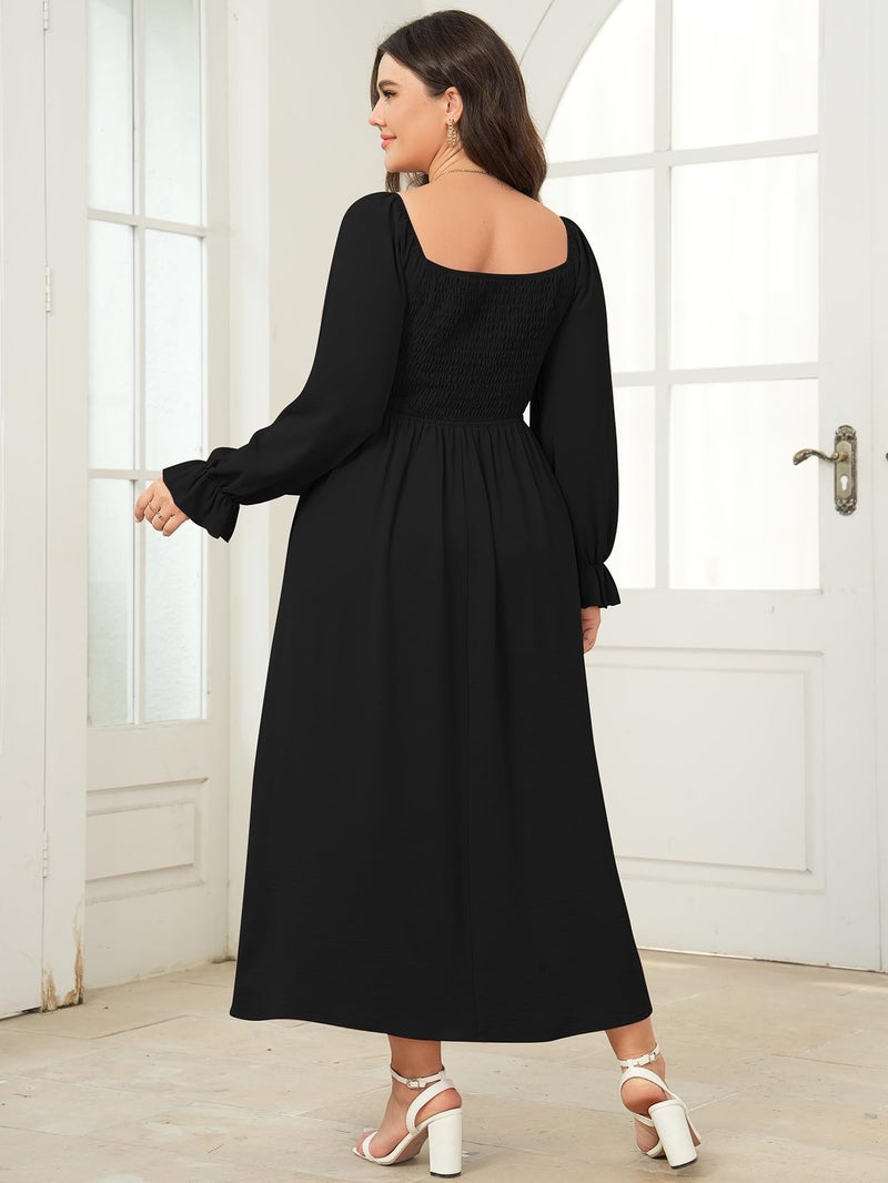 SHESTARR Women's Plus Size Maxi Dress Long Sleeve Square Neck Smocked Flowy A-Line Boho Wedding Party Maxi Dress Black - Image 4