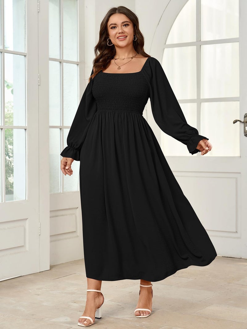 SHESTARR Women's Plus Size Maxi Dress Long Sleeve Square Neck Smocked Flowy A-Line Boho Wedding Party Maxi Dress Black - Image 2