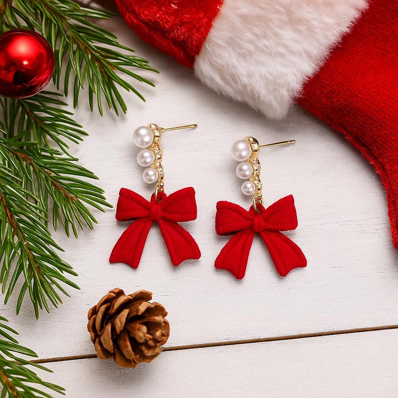 ecozran Christmas Bow Earrings for Women Sparkling Red Pearl Drop Dangle Earrings Hypoallergenic Anniversary Elegant Jewelry Gift for Women(S-Christmas1) - Image 3