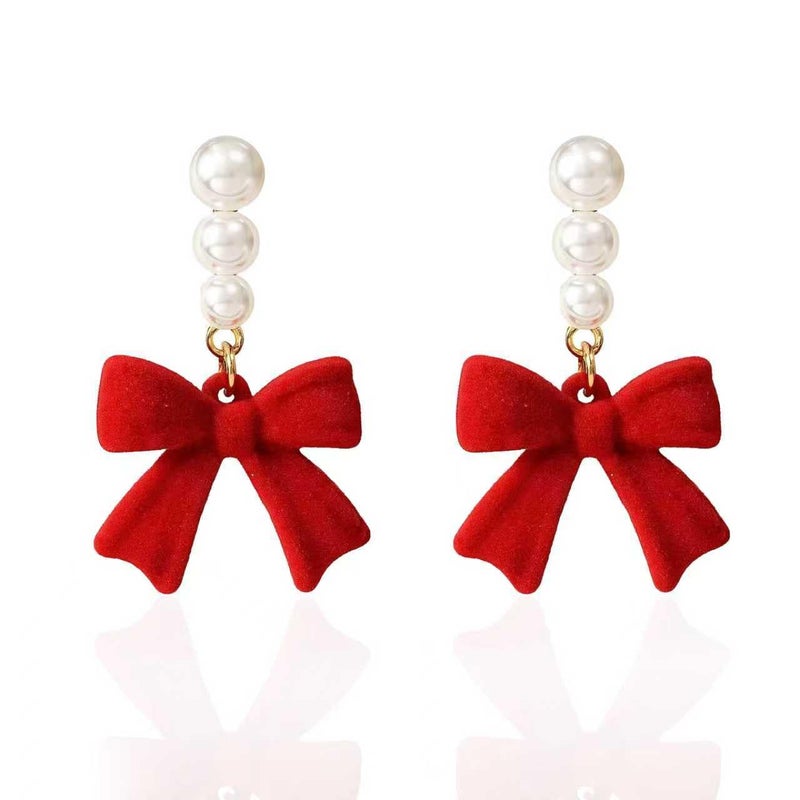 ecozran Christmas Bow Earrings for Women Sparkling Red Pearl Drop Dangle Earrings Hypoallergenic Anniversary Elegant Jewelry Gift for Women(S-Christmas1) - Image 1