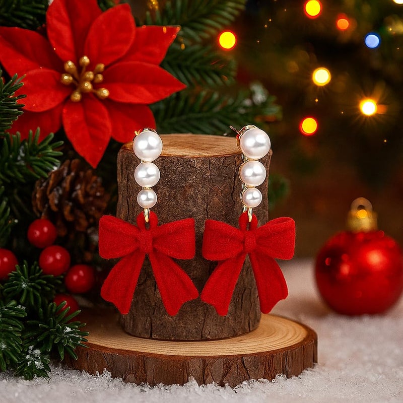 ecozran Christmas Bow Earrings for Women Sparkling Red Pearl Drop Dangle Earrings Hypoallergenic Anniversary Elegant Jewelry Gift for Women(S-Christmas1) - Image 2