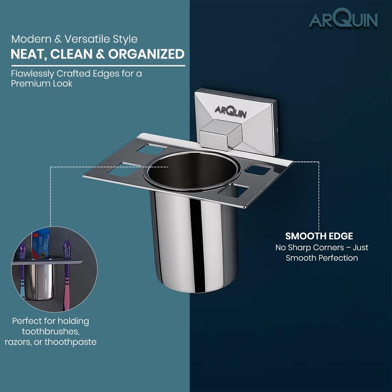 ARQUIN Wall-Mounted Tooth Brush Holder for Bathroom, Tumbler Stand/304 Steel Bathroom Organizer with Glossy Finish Bathroom Accessories Chrome Finish Stand with Removable Cup (Vento Tumbler Holder) - Image 4