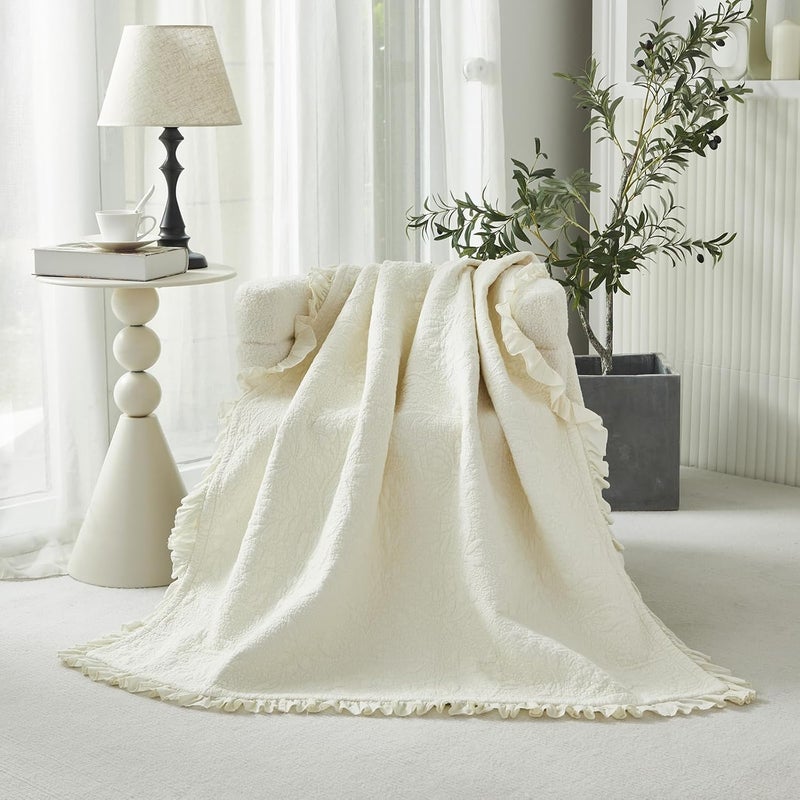 Brandream Cream Yellow White Ruffle Quilted Throw Blanket Cotton Throws for Bed Couch Daybed 47 X 60 Inch Decorative Blankets - Image 3