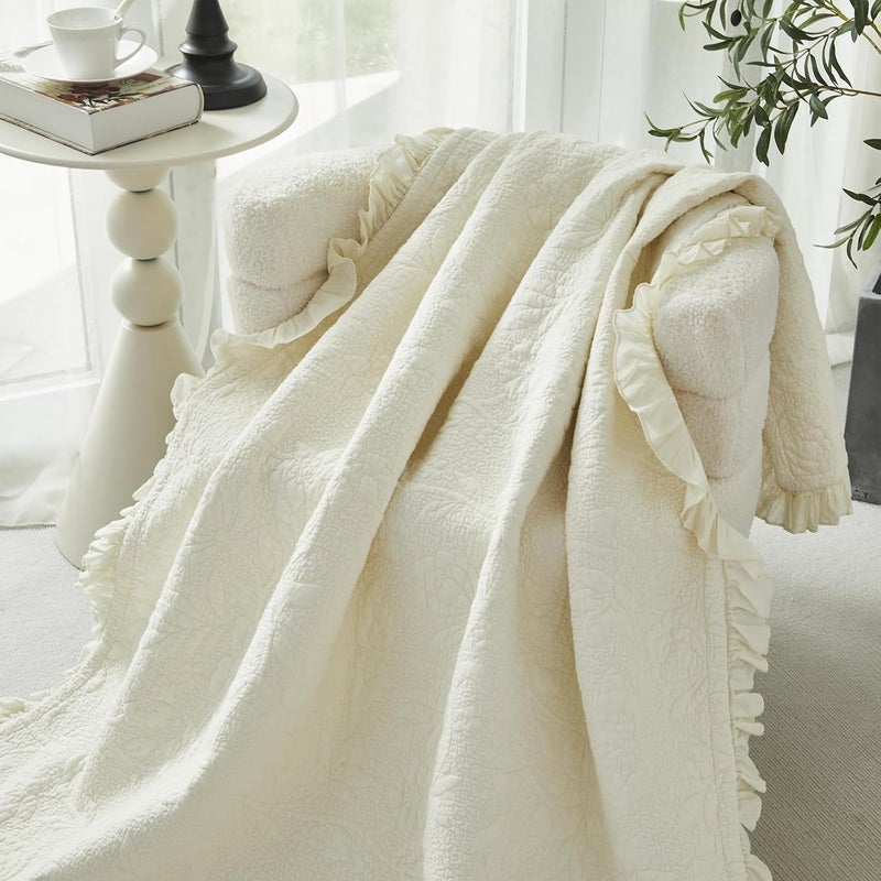 Brandream Cream Yellow White Ruffle Quilted Throw Blanket Cotton Throws for Bed Couch Daybed 47 X 60 Inch Decorative Blankets - Image 1