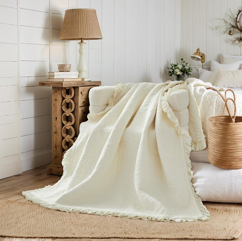 Brandream Cream Yellow White Ruffle Quilted Throw Blanket Cotton Throws for Bed Couch Daybed 47 X 60 Inch Decorative Blankets - Image 2