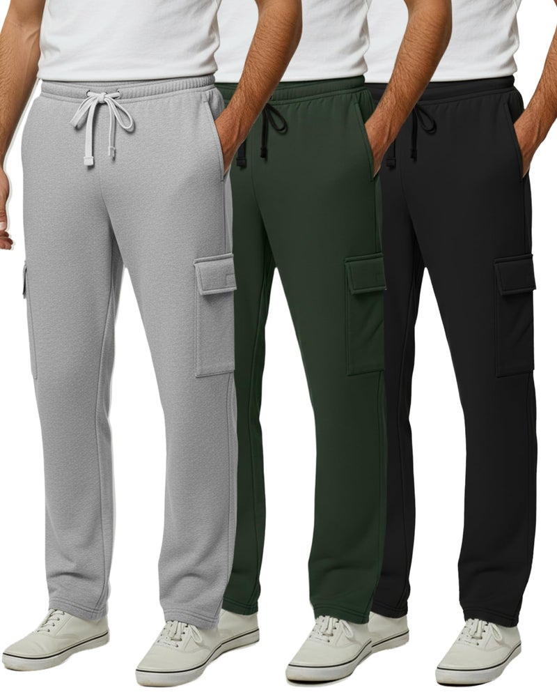 REALESSENTIALS Real Essentials 3 Pack: Men's Tech Fleece Open Bottom Cargo Sweatpants with Pockets (Available in Big & Tall) - Set 8, L - Image 1