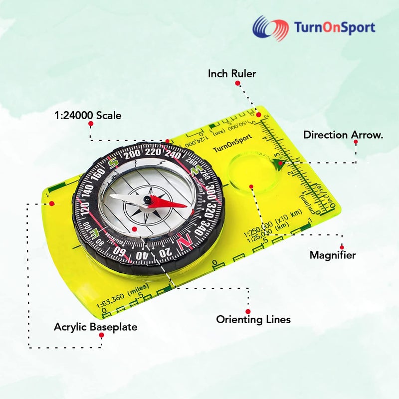TurnOnSport بوصلة التوجيه - بوصلة للمشي والتخييم - بوصلة متقدمة للكشافة للتخييم والملاحة - بوصلة للكشافة للأطفال - بوصلة مهنية لقراءة الخرائط - أفضل هدايا للبقاء على قيد الحياة - Image 3