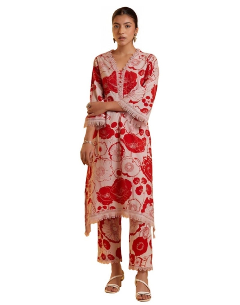 LookMark Women's Printed Cotton Blend Straight Kurta Pant Set with Lace - Comfortable Ethnic Wear for Women, Elegant Design, Suitable for Various Occasions (AZ-LM-OG-KS2118 RED-XL) - Image 3
