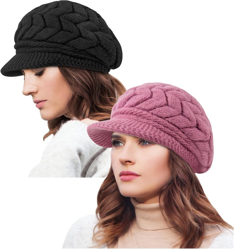 YSense 2 Pack Womens Winter Hats Warm Knit Hat Slouchy Beanie Cap with Brim Gifts - Image 1