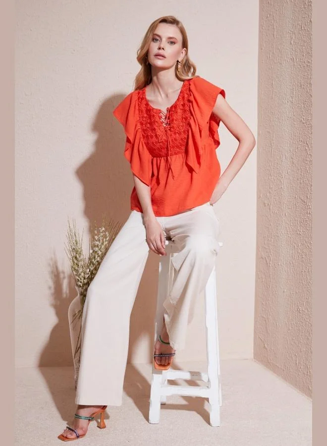 Lela Lela Regular Fit Front-Tie Ruffled Blouse Women's Blouse 611FB20064