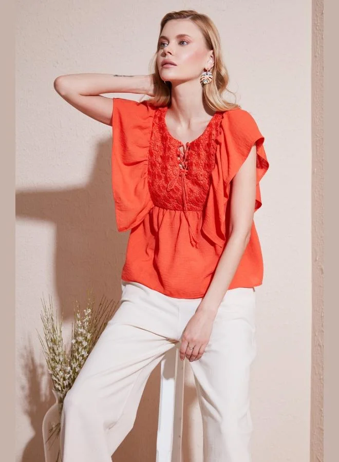 Lela Lela Regular Fit Front-Tie Ruffled Blouse Women's Blouse 611FB20064