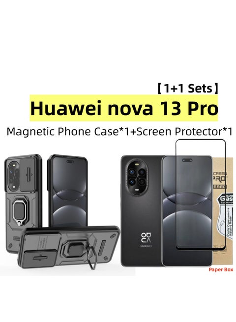 [1+1 Sets] For Huawei nova 13 Pro Case & Screen Protector Built Slide Camera Protection Cover Heavy Duty Protective Phone Case with Tempered Glass Screen Protector