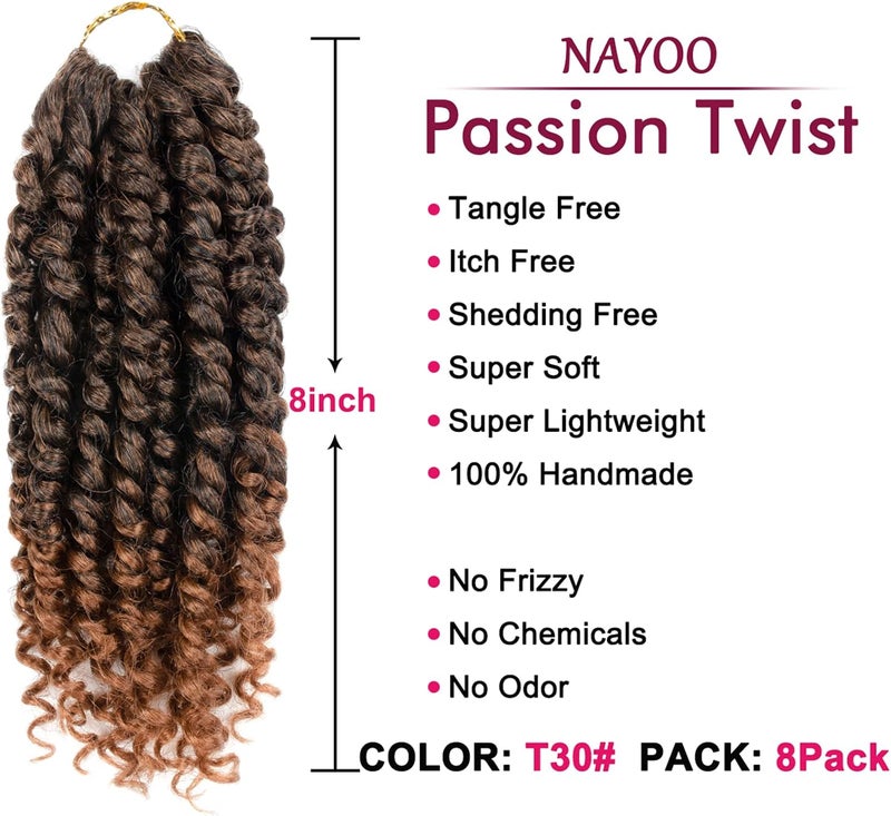 NAYOO Passion Twist Hair - 8 Packs 8 Inch Passion Twist Crochet Hair For Black Women, Crochet Pretwisted Curly Hair Passion Twists Synthetic Braiding Hair Extensions(8 Inch 8 Packs, T30) - Image 2