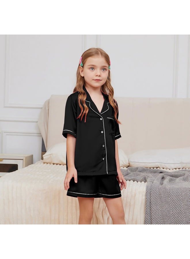 QPANCY Kids Satin Pajamas Sets Toddler Girls Boys Button-Down Black Pjs Short Sleeve Silk Nightwear 2 Piece Lounge Sets 4T 5T - Image 2