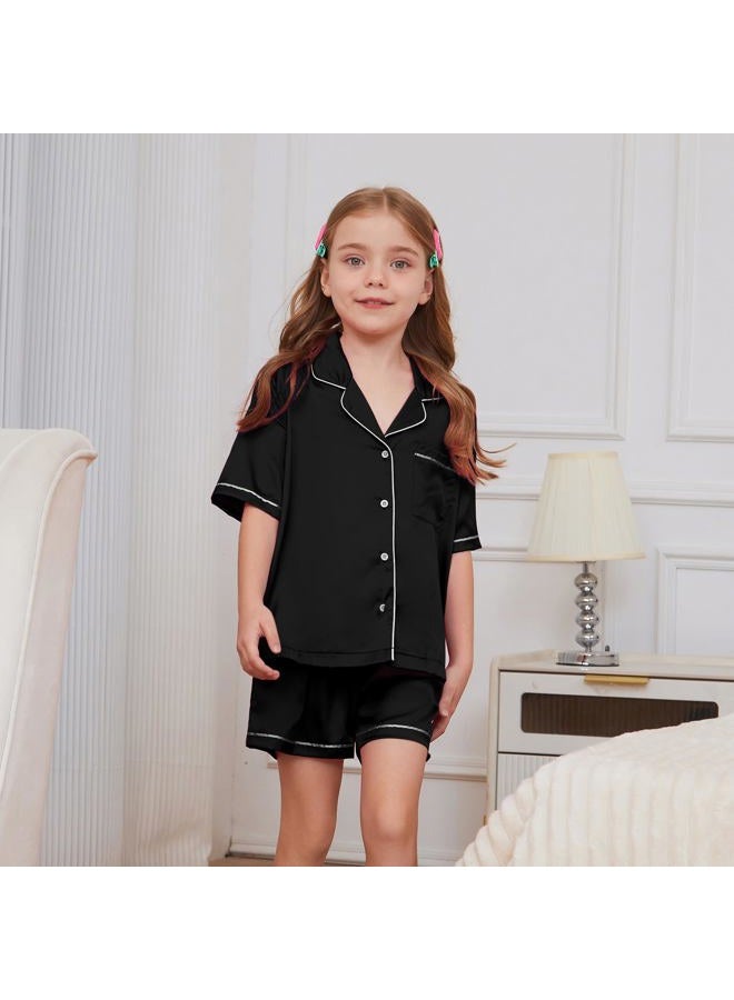 QPANCY Kids Satin Pajamas Sets Toddler Girls Boys Button-Down Black Pjs Short Sleeve Silk Nightwear 2 Piece Lounge Sets 4T 5T - Image 3