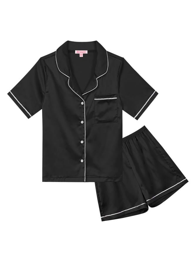 QPANCY Kids Satin Pajamas Sets Toddler Girls Boys Button-Down Black Pjs Short Sleeve Silk Nightwear 2 Piece Lounge Sets 4T 5T - Image 1