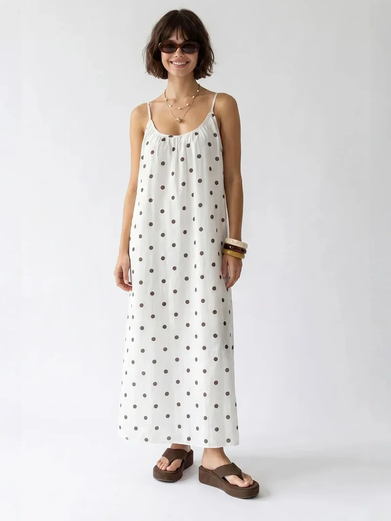 ميكسراي MIXRAY Polka Dot A-Line Maxi Dress