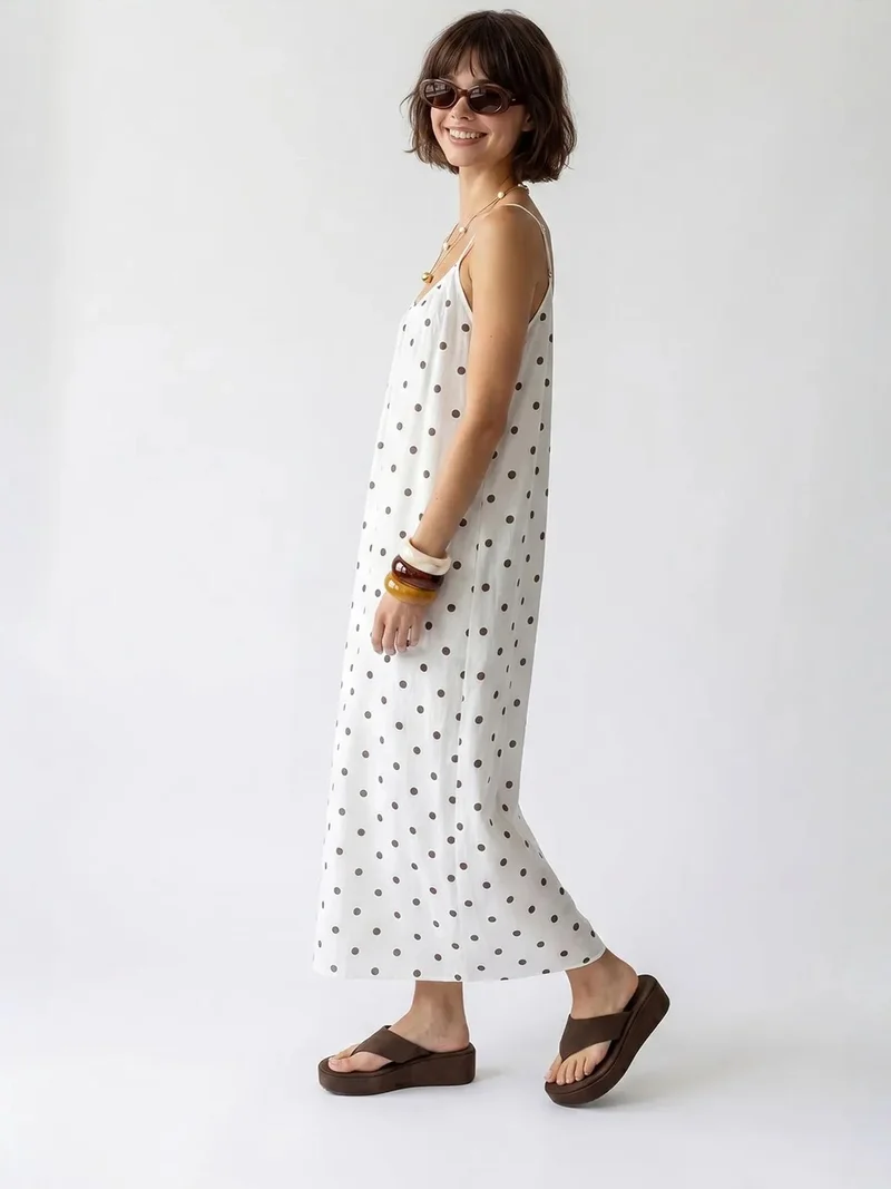 Mixray Dusty White MIXRAY Polka Dot A-Line Maxi Dress for Women | Best Price UAE