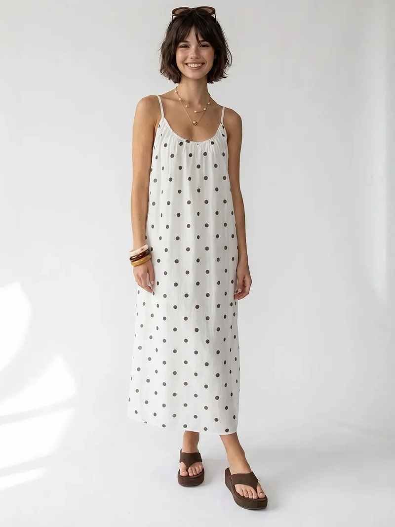 Mixray Dusty White MIXRAY Polka Dot A-Line Maxi Dress for Women | Best Price UAE