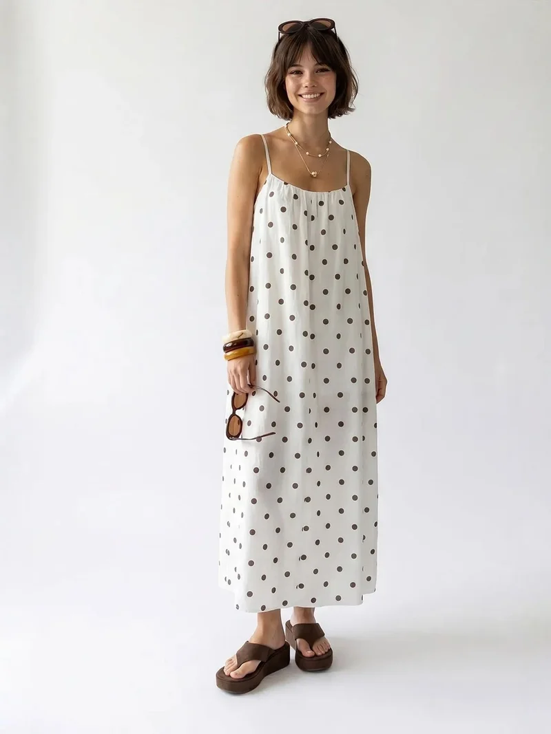 ميكسراي MIXRAY Polka Dot A-Line Maxi Dress