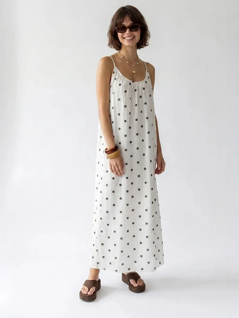 Mixray Dusty White MIXRAY Polka Dot A-Line Maxi Dress for Women | Best Price UAE