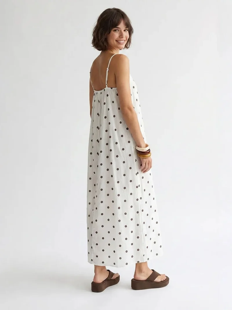 Mixray Dusty White MIXRAY Polka Dot A-Line Maxi Dress for Women | Best Price UAE