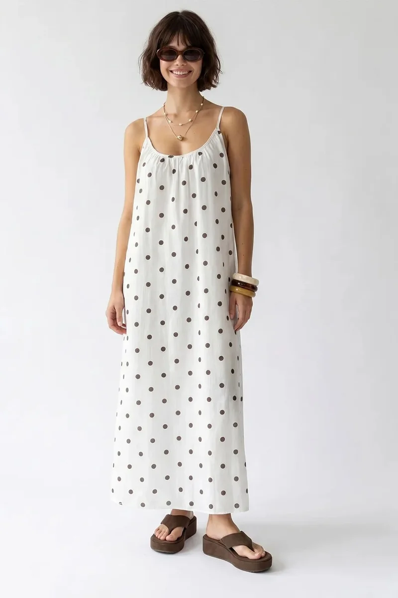 ميكسراي MIXRAY Polka Dot A-Line Maxi Dress