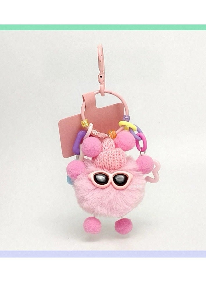 Key Ring, Pink Fluffy Monster Keychain, Adorable Plush Bag Accessory, Fashionable Keyring with Knitted Hat and Glasses, Perfect for Handbags, Purses, Backpacks, Water Bottles and Car Keys, Made from Soft and Durable Materials