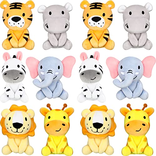 Suilung 12 Pcs Mini Safari Stuffed Animals Bulk 4 Jungle Plush Toys Giraffe Tiger Elephant Zebra Lion Forest Animals Keychains for Classroom Baby Shower Birthday Easter Party Favors - Image 1