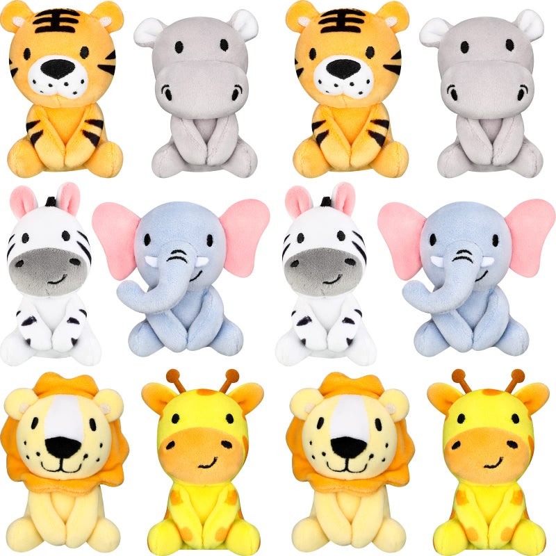Suilung 12 Pcs Mini Safari Stuffed Animals Bulk 4 Jungle Plush Toys Giraffe Tiger Elephant Zebra Lion Forest Animals Keychains for Classroom Baby Shower Birthday Easter Party Favors - Image 2