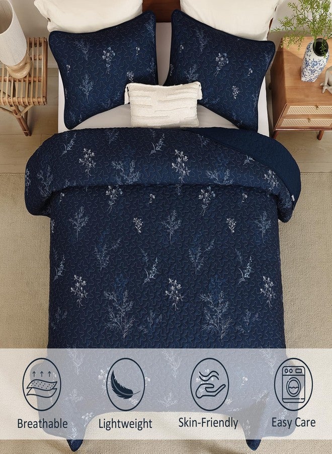 Drucon Navy King Size Quilt Set Branch Bedspread Coverlet Set, Navy Blue Botanical Floral Pattern Quilted Bedding Set 3 Piece Soft Lightweight Microfiber Bed Cover for All Season (104"x 90") - Image 4