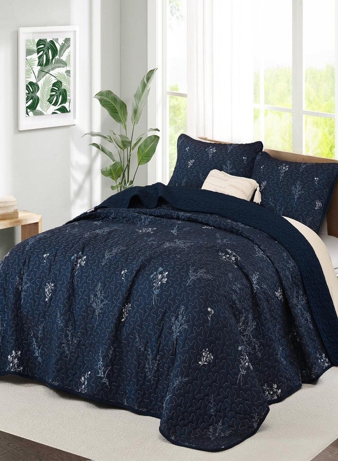 Drucon Navy King Size Quilt Set Branch Bedspread Coverlet Set, Navy Blue Botanical Floral Pattern Quilted Bedding Set 3 Piece Soft Lightweight Microfiber Bed Cover for All Season (104"x 90") - Image 2