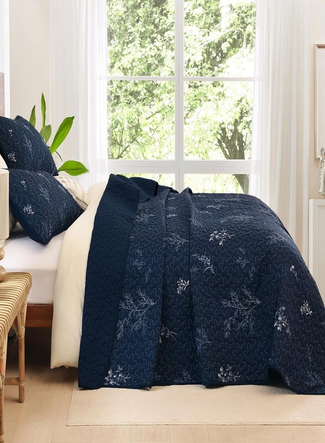 Drucon Navy King Size Quilt Set Branch Bedspread Coverlet Set, Navy Blue Botanical Floral Pattern Quilted Bedding Set 3 Piece Soft Lightweight Microfiber Bed Cover for All Season (104"x 90") - Image 3