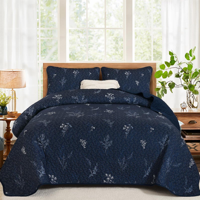 Drucon Navy King Size Quilt Set Branch Bedspread Coverlet Set, Navy Blue Botanical Floral Pattern Quilted Bedding Set 3 Piece Soft Lightweight Microfiber Bed Cover for All Season (104"x 90") - Image 1