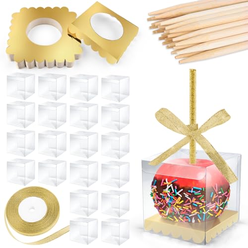 MGWOTH Candy Apple Boxes and Sticks Kit, Include 28pcs Caramel Apple Bamboo Skewers, 25pcs Clear Apple Containers with Hole, 25pcs Apple Bases, 1 pcs Gold Glitter Ribbon, Set for Chocolate Treat Party - Image 1