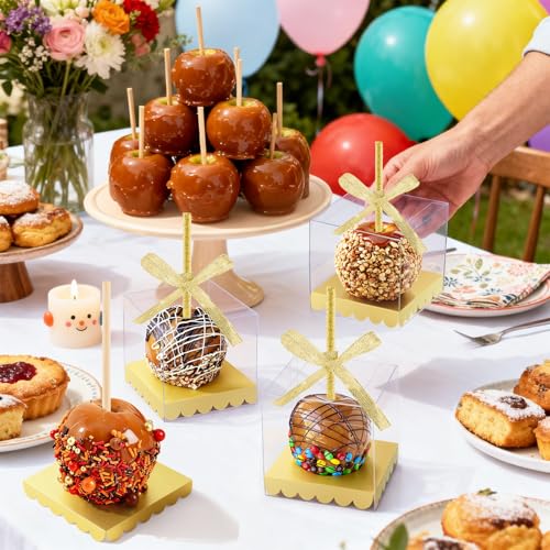 MGWOTH Candy Apple Boxes and Sticks Kit, Include 28pcs Caramel Apple Bamboo Skewers, 25pcs Clear Apple Containers with Hole, 25pcs Apple Bases, 1 pcs Gold Glitter Ribbon, Set for Chocolate Treat Party - Image 2
