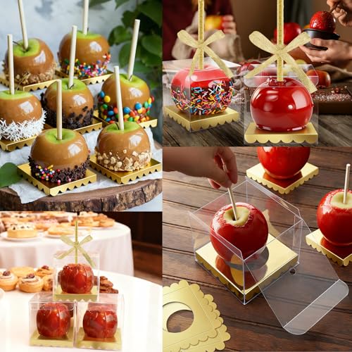 MGWOTH Candy Apple Boxes and Sticks Kit, Include 28pcs Caramel Apple Bamboo Skewers, 25pcs Clear Apple Containers with Hole, 25pcs Apple Bases, 1 pcs Gold Glitter Ribbon, Set for Chocolate Treat Party - Image 5