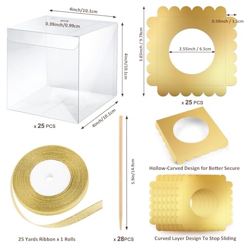 MGWOTH Candy Apple Boxes and Sticks Kit, Include 28pcs Caramel Apple Bamboo Skewers, 25pcs Clear Apple Containers with Hole, 25pcs Apple Bases, 1 pcs Gold Glitter Ribbon, Set for Chocolate Treat Party - Image 3