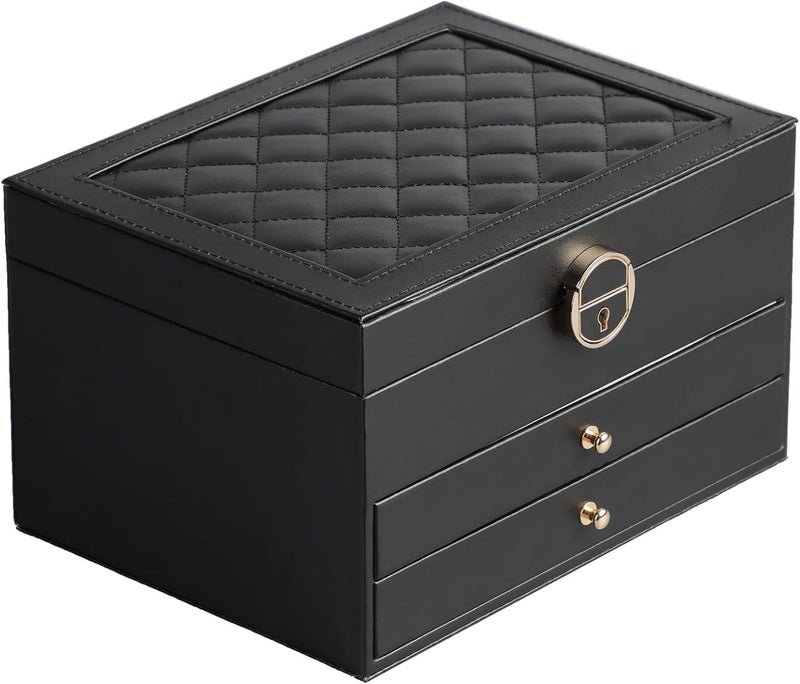 HOUSLET 3 Layers Large PU Leather Jewelry Organizer Storage Case with Two Drawers for Earrings, Bracelets, Rings, and Watches (Black) - Image 2