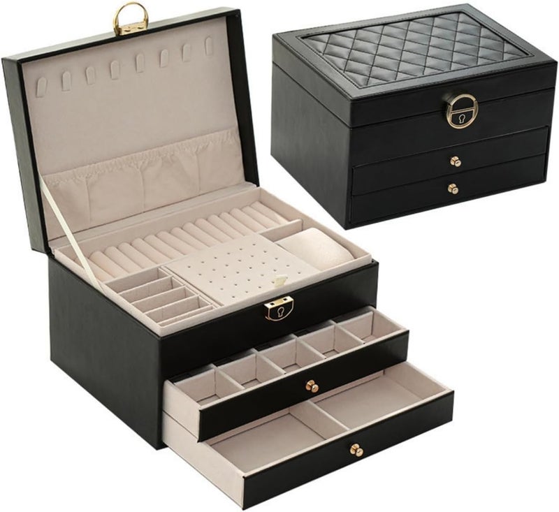 HOUSLET 3 Layers Large PU Leather Jewelry Organizer Storage Case with Two Drawers for Earrings, Bracelets, Rings, and Watches (Black) - Image 1