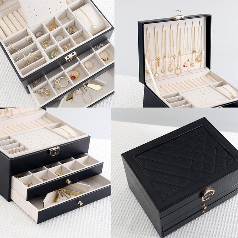 HOUSLET 3 Layers Large PU Leather Jewelry Organizer Storage Case with Two Drawers for Earrings, Bracelets, Rings, and Watches (Black) - Image 4