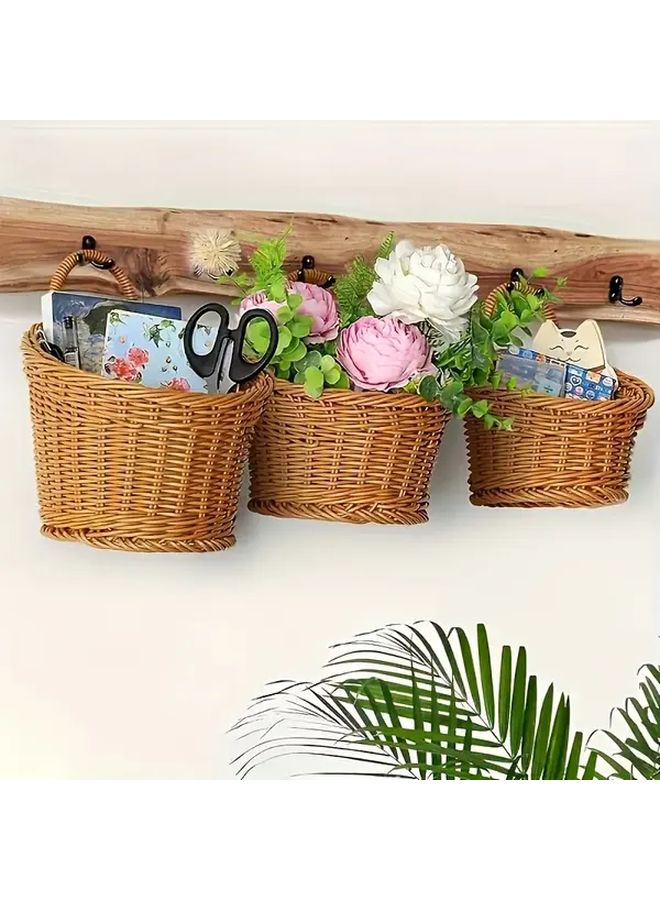3pcs Rustic Imitation Rattan Wall Storage Baskets Plastic Woven Hanging Organizers L M S Sizes - Image 3