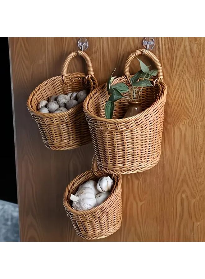 3pcs Rustic Imitation Rattan Wall Storage Baskets Plastic Woven Hanging Organizers L M S Sizes - Image 2