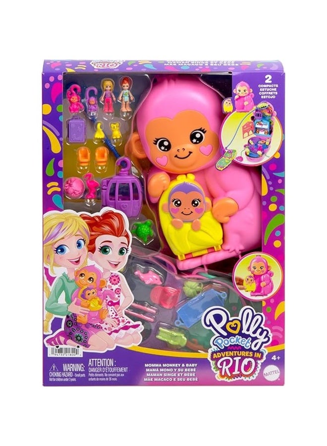 Polly Pocket مجموعة لعب بولي بوكيت ماما قرد وطفل (12.7 سم) مع دمى صغيرة - Image 1
