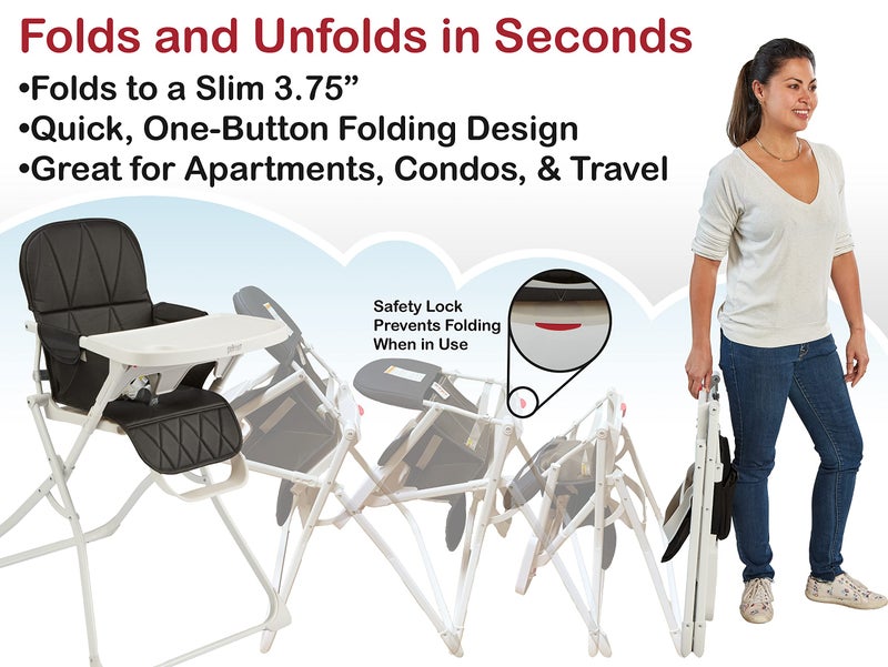 PRIMO كرسي عالي قابل للطي للأطفال من بريمو بوب أب لعمر 6 إلى 36 شهرًا - كرسي عالي قابل للطي على الشاطئ باللون الأسود مع صينية قابلة للإزالة وآمنة في غسالة الصحون، حزام أمان 3 نقاط، مقعد من الجلد الصناعي - تصميم موفر للمساحة - Image 2