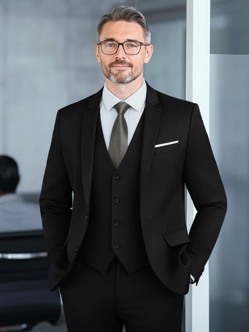 WEEN CHARM Suits for Men,3 Piece Slim Fit Suit Set with 2-Button Blazer,Vest,Pants,Tuxedo for Wedding,Prom,Party,Business Black - Image 4